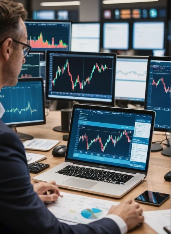 a green working space with laptop, notes, plants, computer